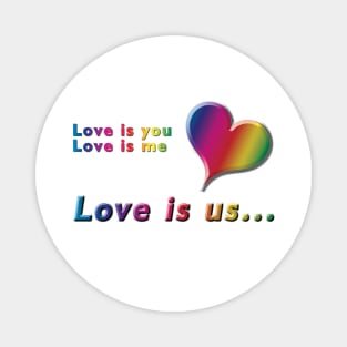 Love is you, Love is me, Love is us Rainbow Heart and Text on White Background Magnet